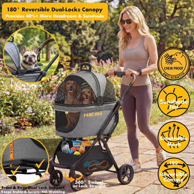 Pet Stroller 4-In-1, Foldable Dog Stroller with Detachable Carrier for Small Medium Dogs & Cats, Escape-Proof No-Zip Canopy, Lightweight Portable Travel Crate & Car Seat Combo, Storage Basket