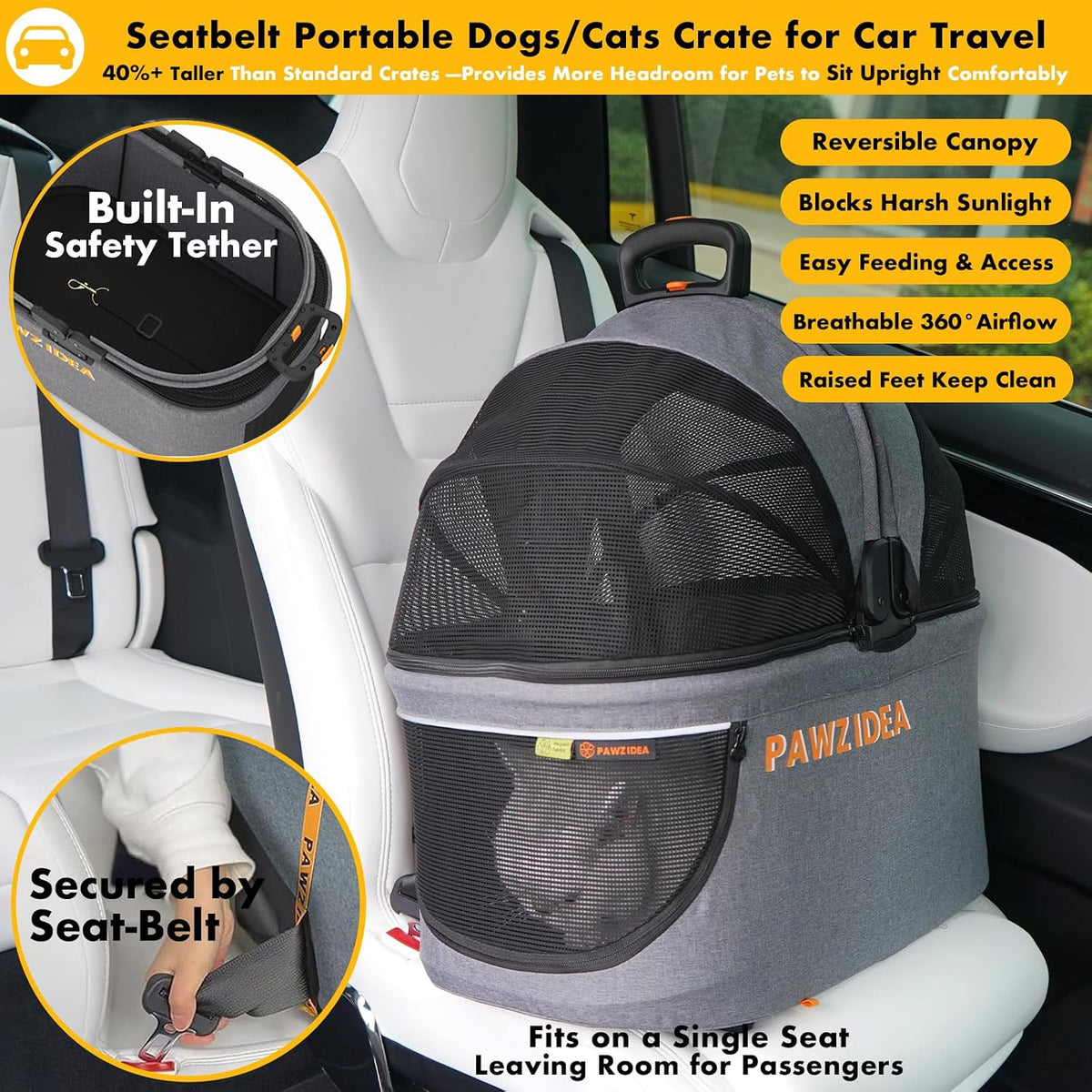 Pet Stroller 4-In-1, Foldable Dog Stroller with Detachable Carrier for Small Medium Dogs & Cats, Escape-Proof No-Zip Canopy, Lightweight Portable Travel Crate & Car Seat Combo, Storage Basket