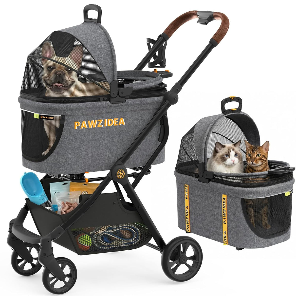 Pet Stroller 4-In-1, Foldable Dog Stroller with Detachable Carrier for Small Medium Dogs & Cats, Escape-Proof No-Zip Canopy, Lightweight Portable Travel Crate & Car Seat Combo, Storage Basket