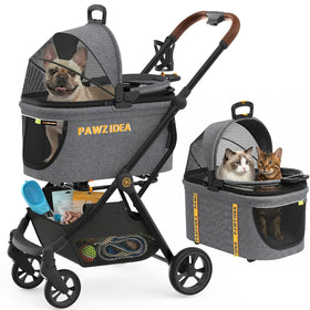 Pet Stroller 4-In-1, Foldable Dog Stroller with Detachable Carrier for Small Medium Dogs & Cats, Escape-Proof No-Zip Canopy, Lightweight Portable Travel Crate & Car Seat Combo, Storage Basket
