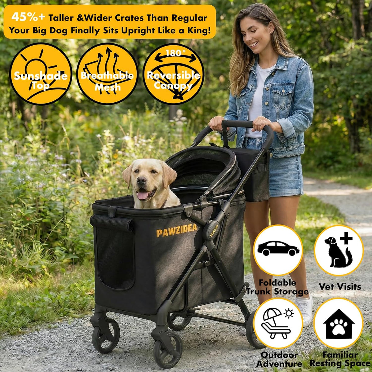 Dog Stroller for Large Dogs up to 80 Lbs, No-Zip 180° Reversible Canopy, One-Hand Foldable Pet Stroller for 2 Medium Dogs, Heavy Duty & Low-Entry, All-Terrain Jogger Wheels, Storage Organizer