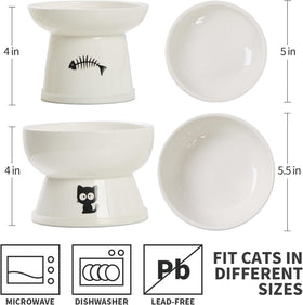 FOREYY Raised Cat Food and Water Bowl Set, Whisker Friendly Elevated Ceramic Cats Feeder Bowls with anti Slip Ring, Anti-Vomiting Shallow High Porcelain Pet Kitten Dish, Dishwasher Safe(White)
