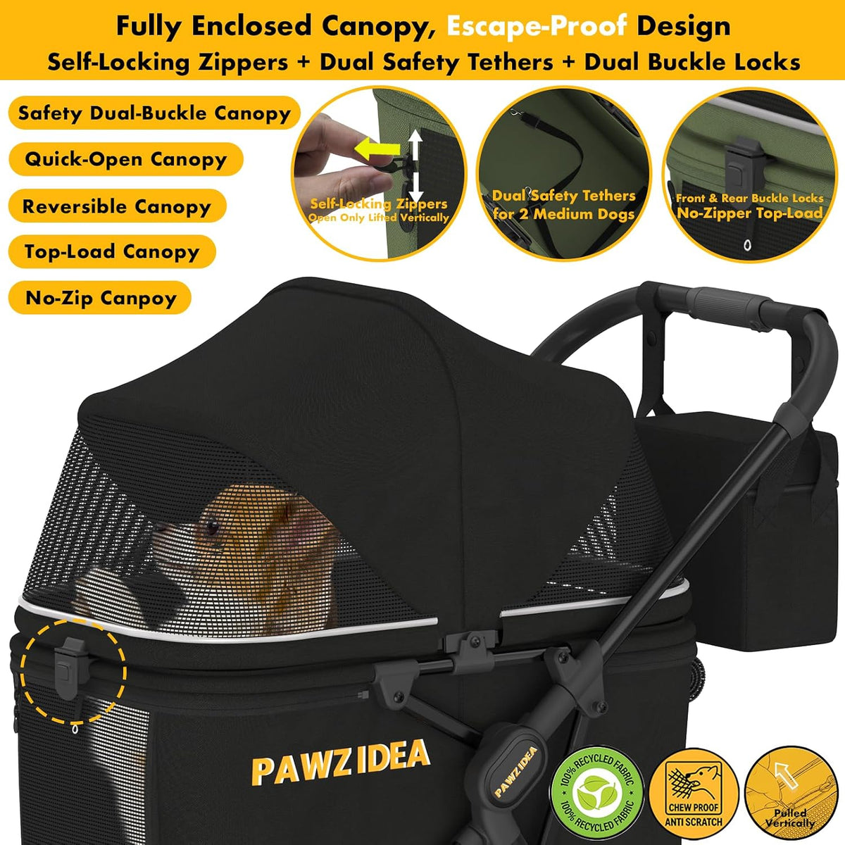 Dog Stroller for Large Dogs up to 80 Lbs, No-Zip 180° Reversible Canopy, One-Hand Foldable Pet Stroller for 2 Medium Dogs, Heavy Duty & Low-Entry, All-Terrain Jogger Wheels, Storage Organizer