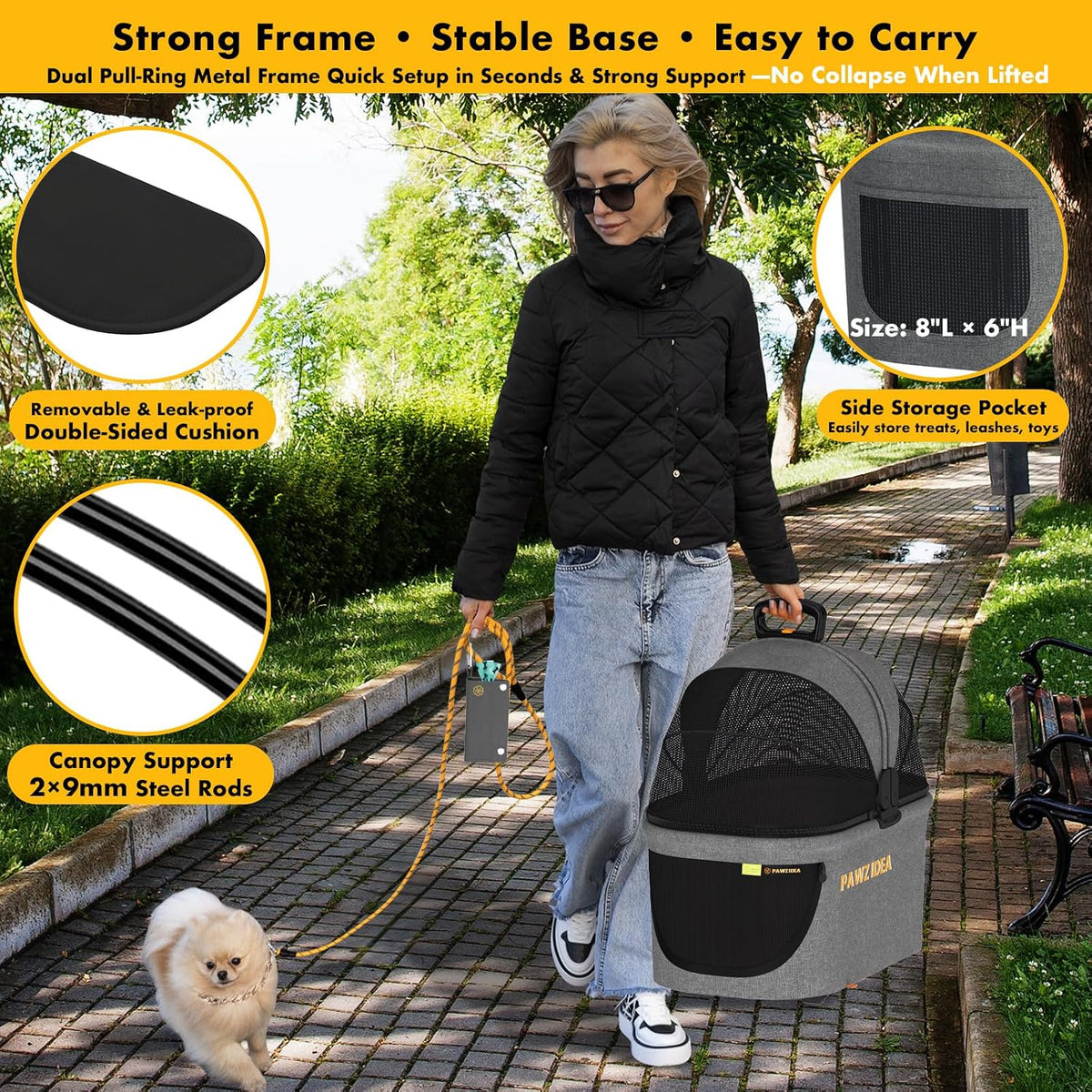 Pet Stroller 4-In-1, Foldable Dog Stroller with Detachable Carrier for Small Medium Dogs & Cats, Escape-Proof No-Zip Canopy, Lightweight Portable Travel Crate & Car Seat Combo, Storage Basket