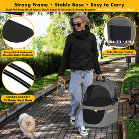 Pet Stroller 4-In-1, Foldable Dog Stroller with Detachable Carrier for Small Medium Dogs & Cats, Escape-Proof No-Zip Canopy, Lightweight Portable Travel Crate & Car Seat Combo, Storage Basket