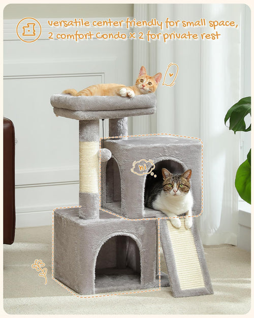 Cat Tree, 30 Inches Cat Tower with Dual Condos for Indoor Cats, Plush Cat House with Padded Perch, Scratching Ramp and Posts and Replaceable Balls-Gray