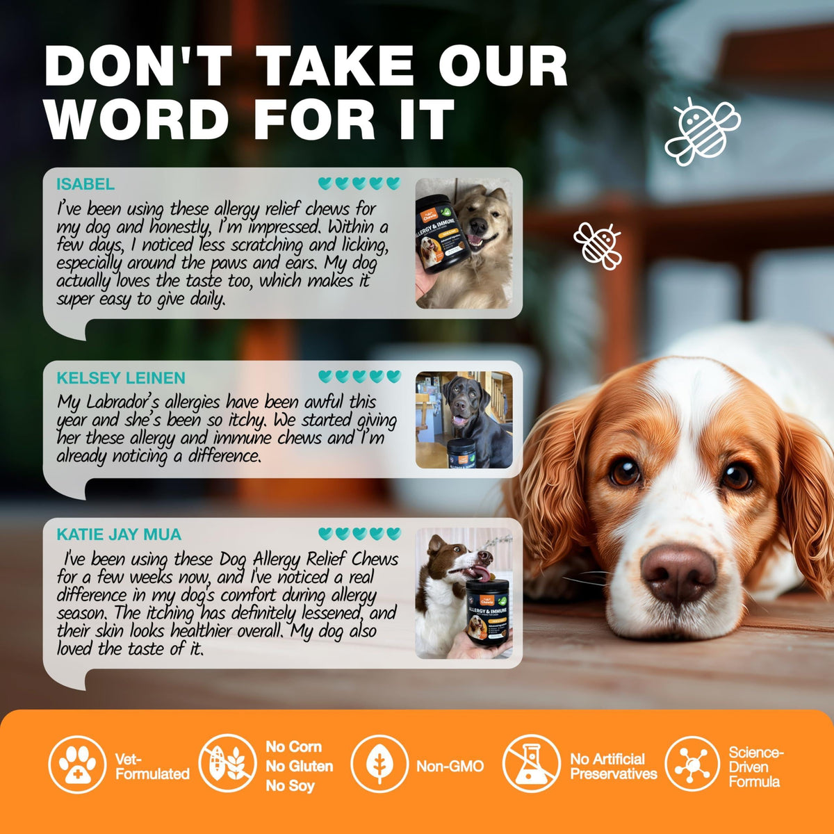 Dog Allergy Relief Chews with Probiotics, Colostrum, Salmon Oil