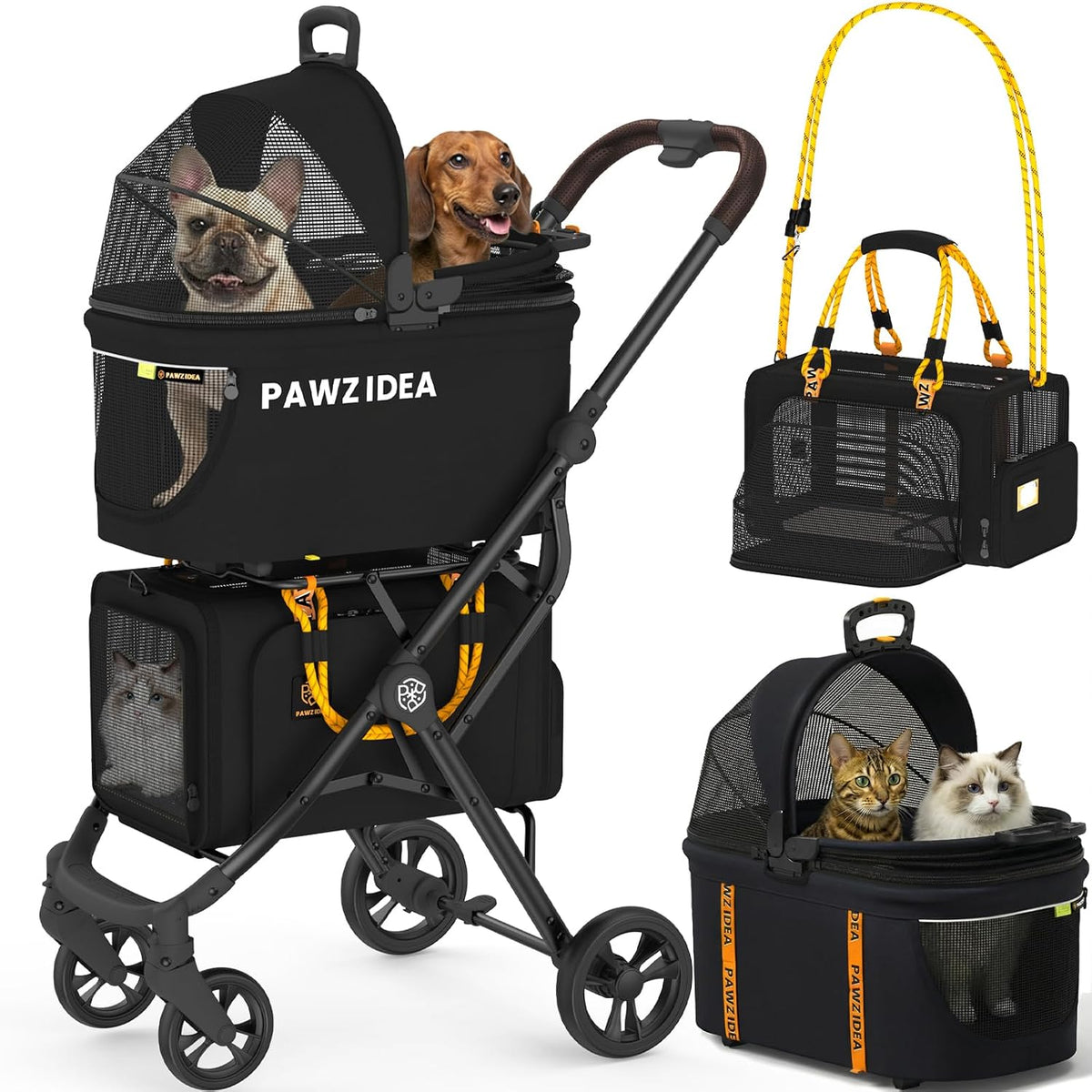 Double Pet Stroller with 2 Detachable Carrier, Lightweight Portable Travel Crate & Car Seat Combo & Tsa-Approved Expandable Carrier, Foldable Jogger Stroller for 2–4 Cats or Small/Medium Dogs