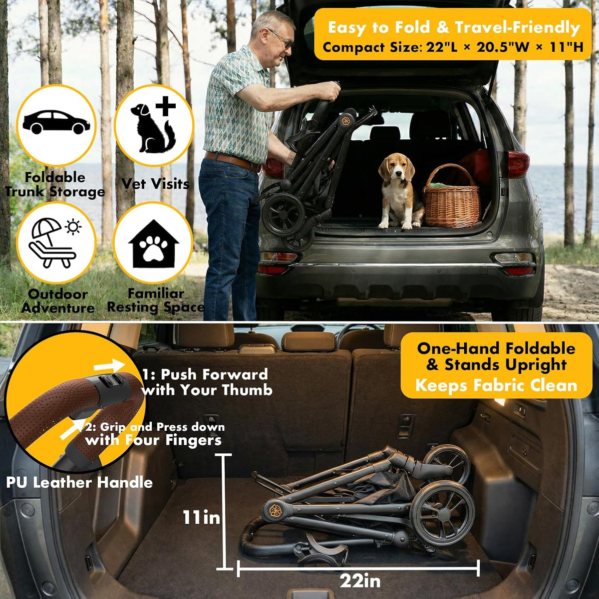 Pet Stroller 4-In-1, Foldable Dog Stroller with Detachable Carrier for Small Medium Dogs & Cats, Escape-Proof No-Zip Canopy, Lightweight Portable Travel Crate & Car Seat Combo, Storage Basket