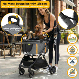 Pet Stroller 4-In-1, Foldable Dog Stroller with Detachable Carrier for Small Medium Dogs & Cats, Escape-Proof No-Zip Canopy, Lightweight Portable Travel Crate & Car Seat Combo, Storage Basket