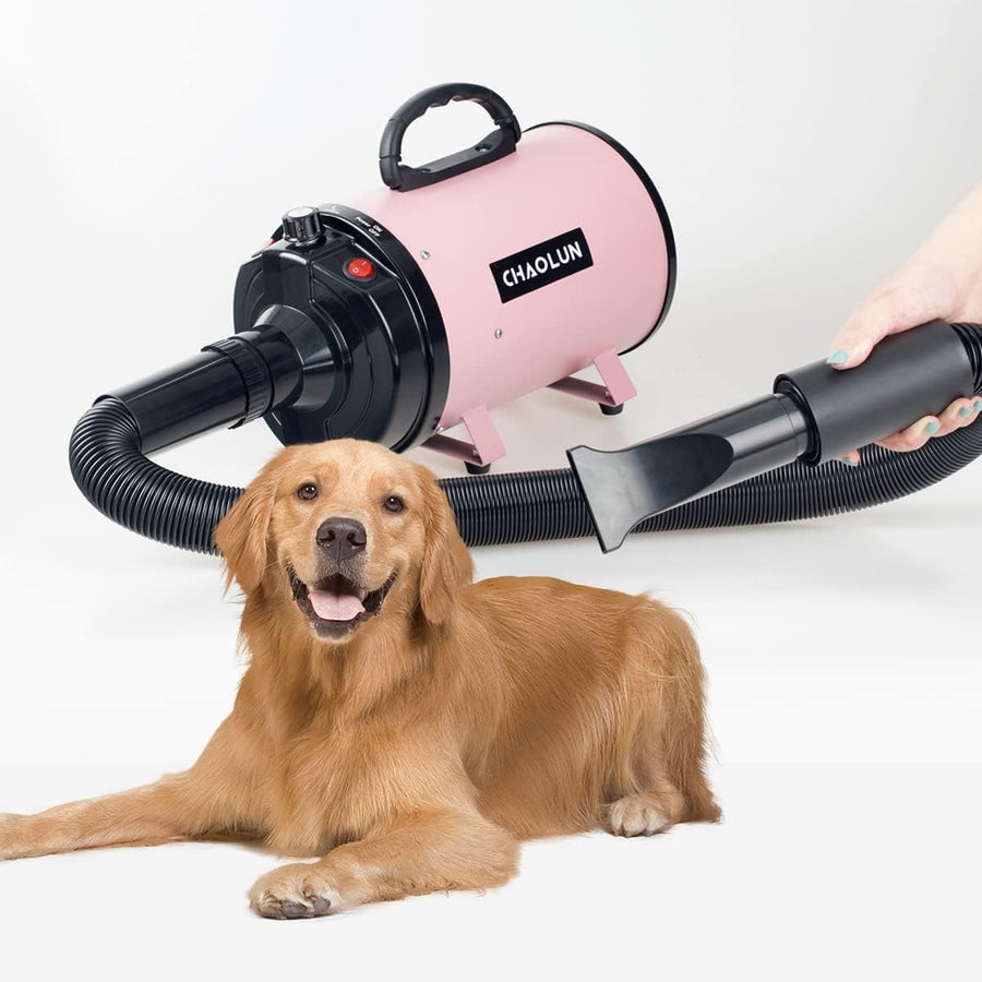 High Velocity Pet Hair Dryer with Heater, Adjustable Speed, 3 Nozzles and a Comb, Pink