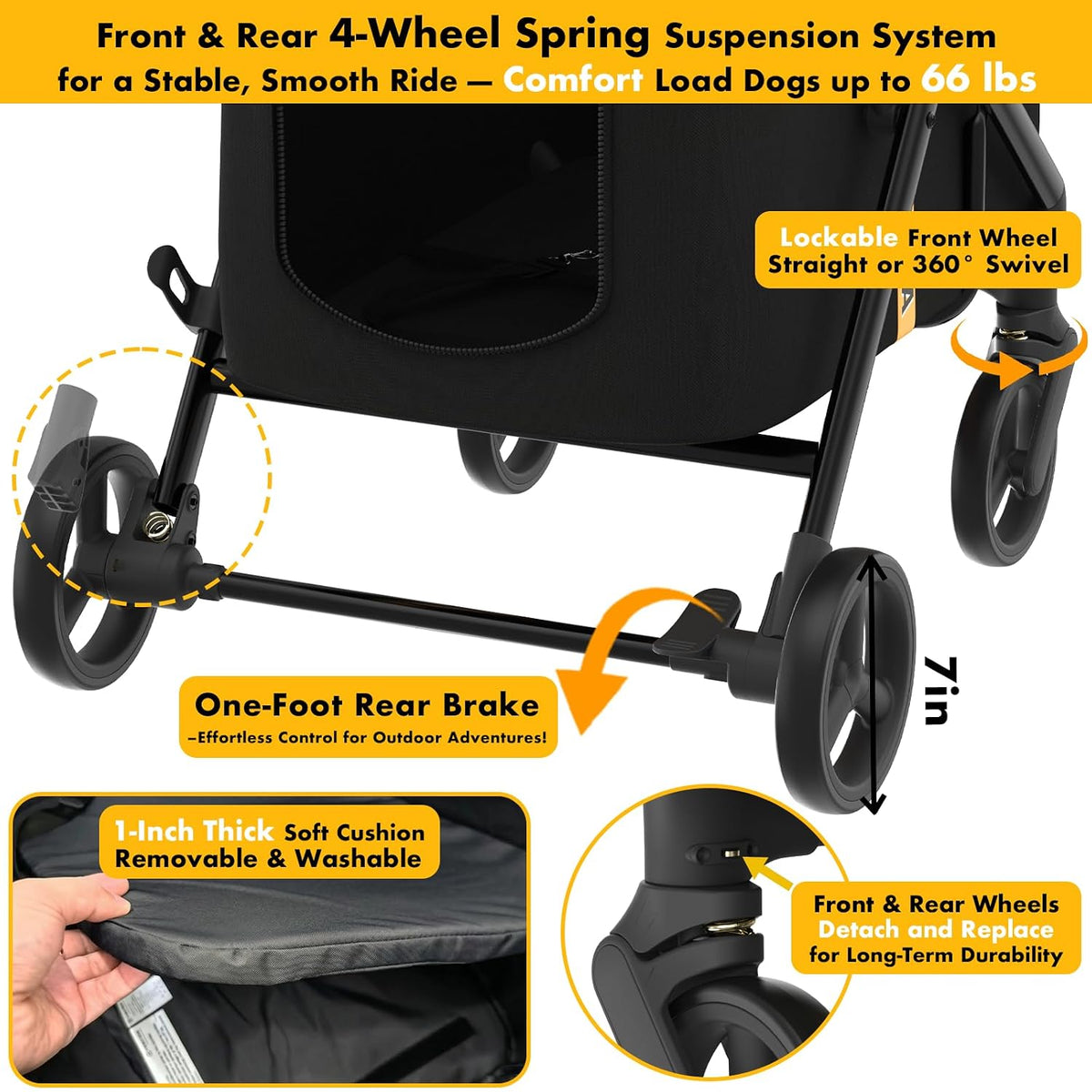 Dog Stroller for Large Dogs up to 80 Lbs, No-Zip 180° Reversible Canopy, One-Hand Foldable Pet Stroller for 2 Medium Dogs, Heavy Duty & Low-Entry, All-Terrain Jogger Wheels, Storage Organizer