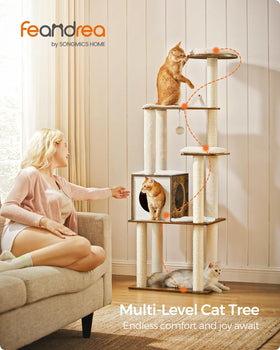Cat Tree, 64.6-Inch Modern Cat Tower, Multi-Level Condo with 5 Scratching Posts, Perch, Washable Removable Cushions, Cave, Rustic Brown UPCT166X01