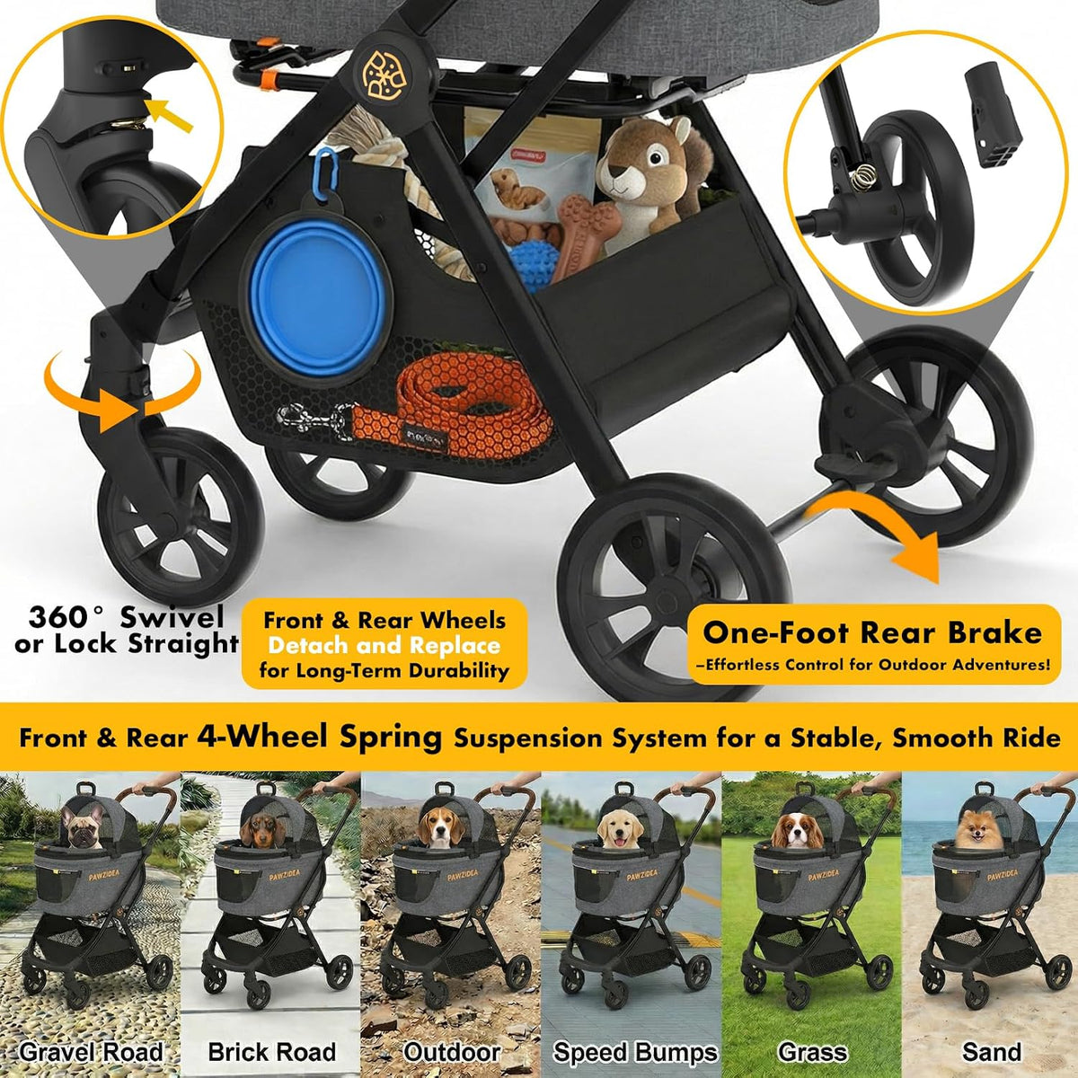 Pet Stroller 4-In-1, Foldable Dog Stroller with Detachable Carrier for Small Medium Dogs & Cats, Escape-Proof No-Zip Canopy, Lightweight Portable Travel Crate & Car Seat Combo, Storage Basket