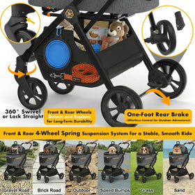 Pet Stroller 4-In-1, Foldable Dog Stroller with Detachable Carrier for Small Medium Dogs & Cats, Escape-Proof No-Zip Canopy, Lightweight Portable Travel Crate & Car Seat Combo, Storage Basket