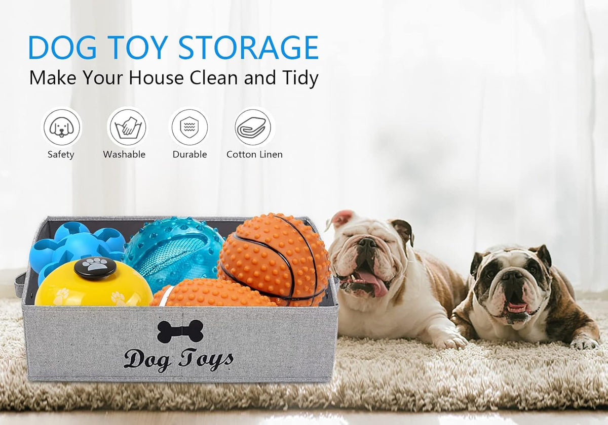 Linen-Cotton Blend Dog Toy Basket and Dog Toy Box, Dog Toy Basket Storage - Perfect for Organizing Pet Toys, Blankets, Leashes, Chew Toys - Grey Stripe - Dog
