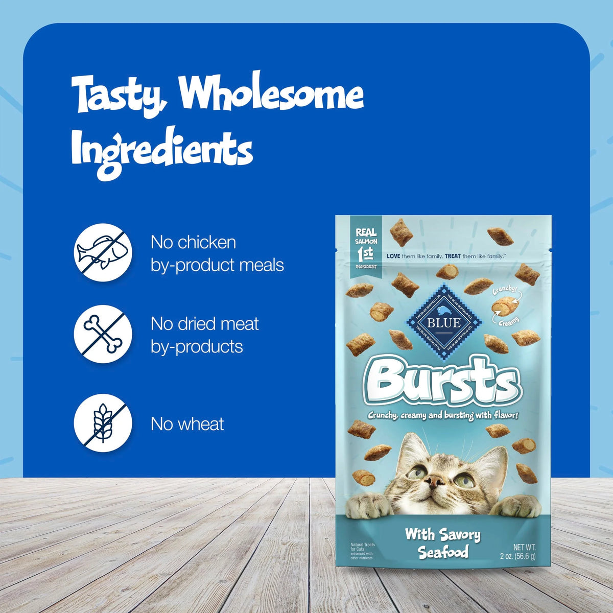 Bursts Crunchy & Creamy Cat Treats, Great for Training, Savory Seafood, 2-Oz. Bag