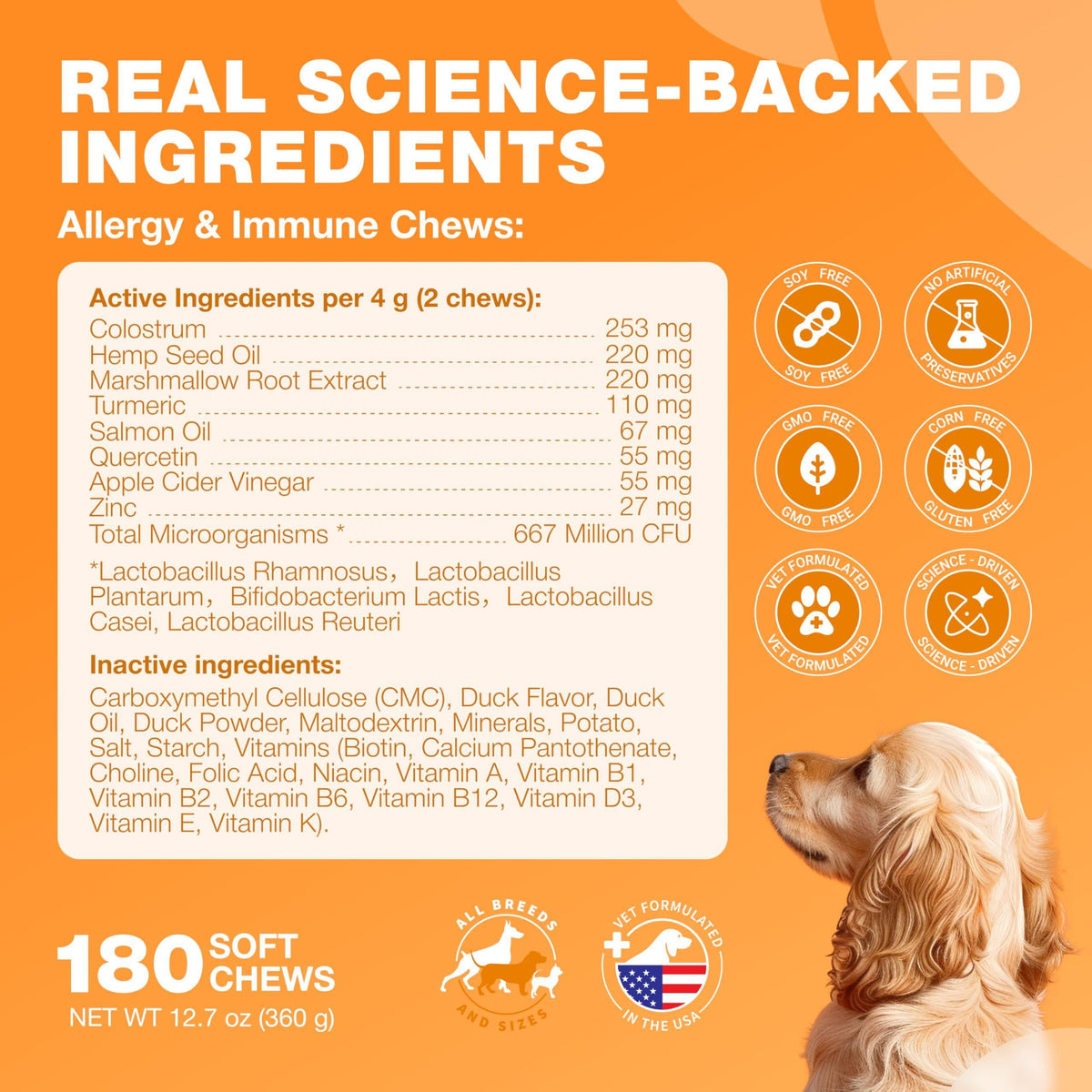 Dog Allergy Relief Chews with Probiotics, Colostrum, Salmon Oil