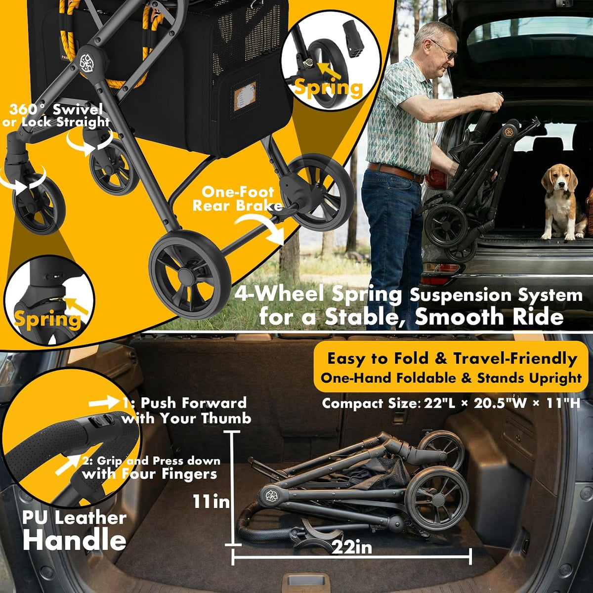 Double Pet Stroller with 2 Detachable Carrier, Lightweight Portable Travel Crate & Car Seat Combo & Tsa-Approved Expandable Carrier, Foldable Jogger Stroller for 2–4 Cats or Small/Medium Dogs