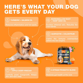Dog Allergy Relief Chews with Probiotics, Colostrum, Salmon Oil