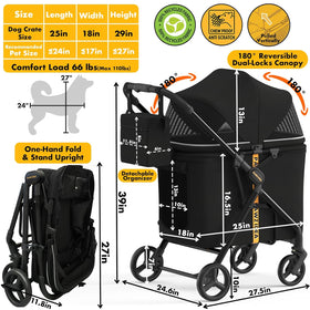 Dog Stroller for Large Dogs up to 80 Lbs, No-Zip 180° Reversible Canopy, One-Hand Foldable Pet Stroller for 2 Medium Dogs, Heavy Duty & Low-Entry, All-Terrain Jogger Wheels, Storage Organizer