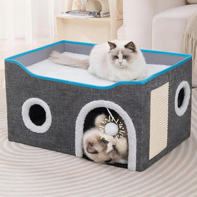 Indoor Cat House Cube with Bed, Scratch Pad & Toy Ball, Foldable Condo