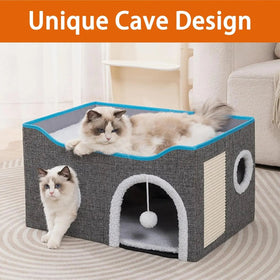 Indoor Cat House Cube with Bed, Scratch Pad & Toy Ball, Foldable Condo