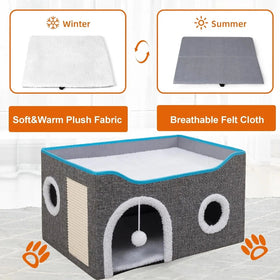 Indoor Cat House Cube with Bed, Scratch Pad & Toy Ball, Foldable Condo