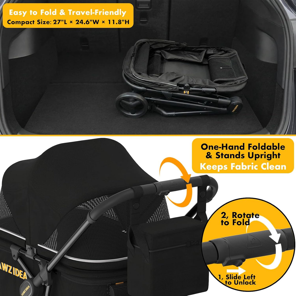 Dog Stroller for Large Dogs up to 80 Lbs, No-Zip 180° Reversible Canopy, One-Hand Foldable Pet Stroller for 2 Medium Dogs, Heavy Duty & Low-Entry, All-Terrain Jogger Wheels, Storage Organizer