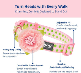 Adjustable Flocking Dog Collar with Silk Flower, Polka Dot in Baby Pink, Large - Dog Collars for Small Dogs, Girl Dog Collars, Pink Dog Collar, Neck 18-26"