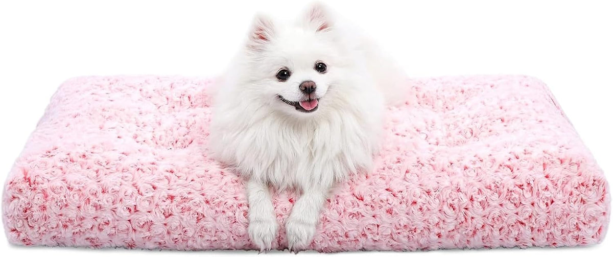 Washable Dog Bed Deluxe Plush Dog Crate Beds Comfy Kennel Pad Anti-Slip Pet Sleeping Mat for Large, Jumbo, Medium, Small Dogs Breeds, 29" X 21", Pink