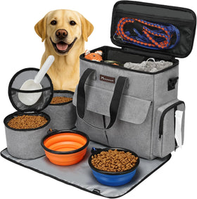 Dog Travel Bag, Weekend Pet Travel Set for Dog and Cat, Airline Approved Tote Organizer with Multi-Function Pockets, 2 Food Storage Containers, 2 Collapsible Bowls, 1 Feeding Mat (Grey)