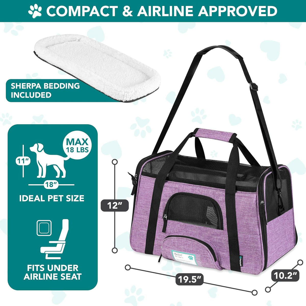Soft Sided TSA Travel Carrier Bag with Sherpa Bed, Breathable Mesh Ventilation, Collapsible Bowl, up to 18 Lbs