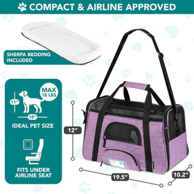 Soft Sided TSA Travel Carrier Bag with Sherpa Bed, Breathable Mesh Ventilation, Collapsible Bowl, up to 18 Lbs