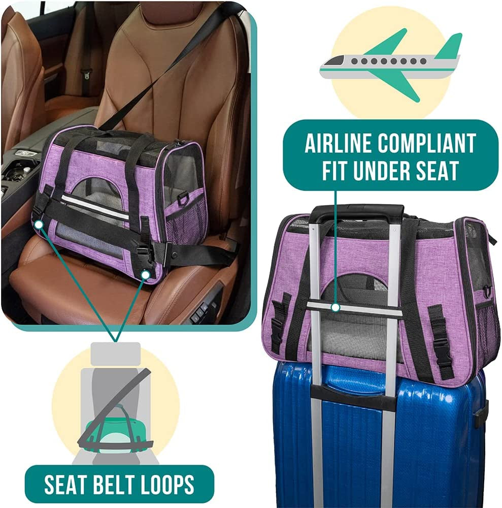Soft Sided TSA Travel Carrier Bag with Sherpa Bed, Breathable Mesh Ventilation, Collapsible Bowl, up to 18 Lbs