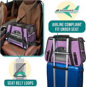 Soft Sided TSA Travel Carrier Bag with Sherpa Bed, Breathable Mesh Ventilation, Collapsible Bowl, up to 18 Lbs