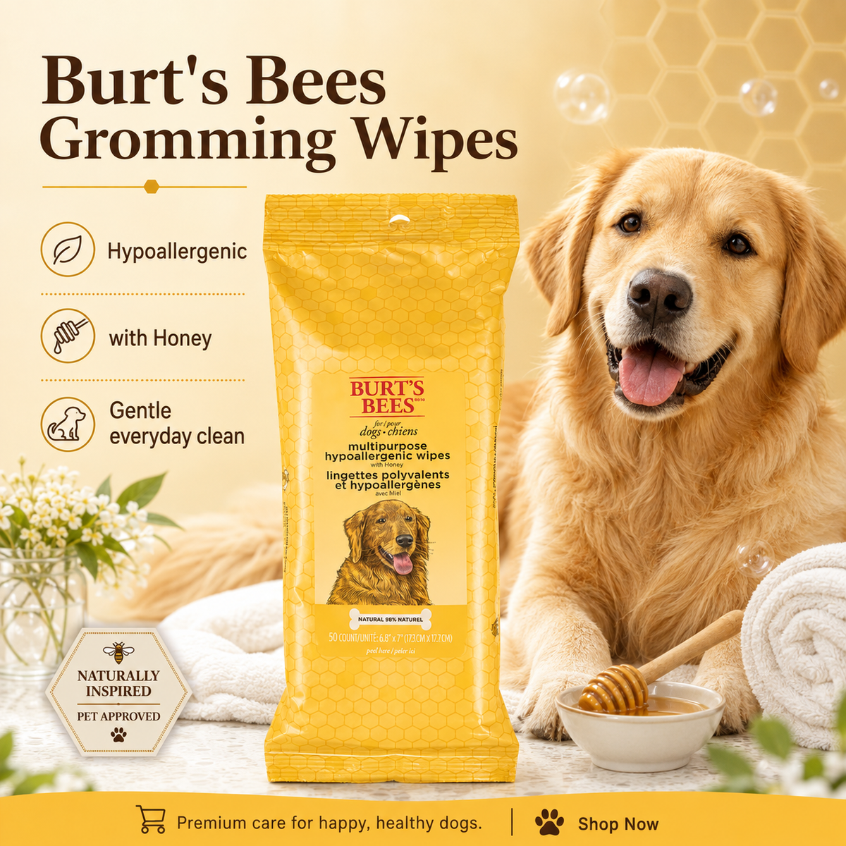 Honey Multipurpose Grooming Wipes, Gentle Hypoallergenic Sheets, Ph Balanced, 50 Count - 3 Pack
