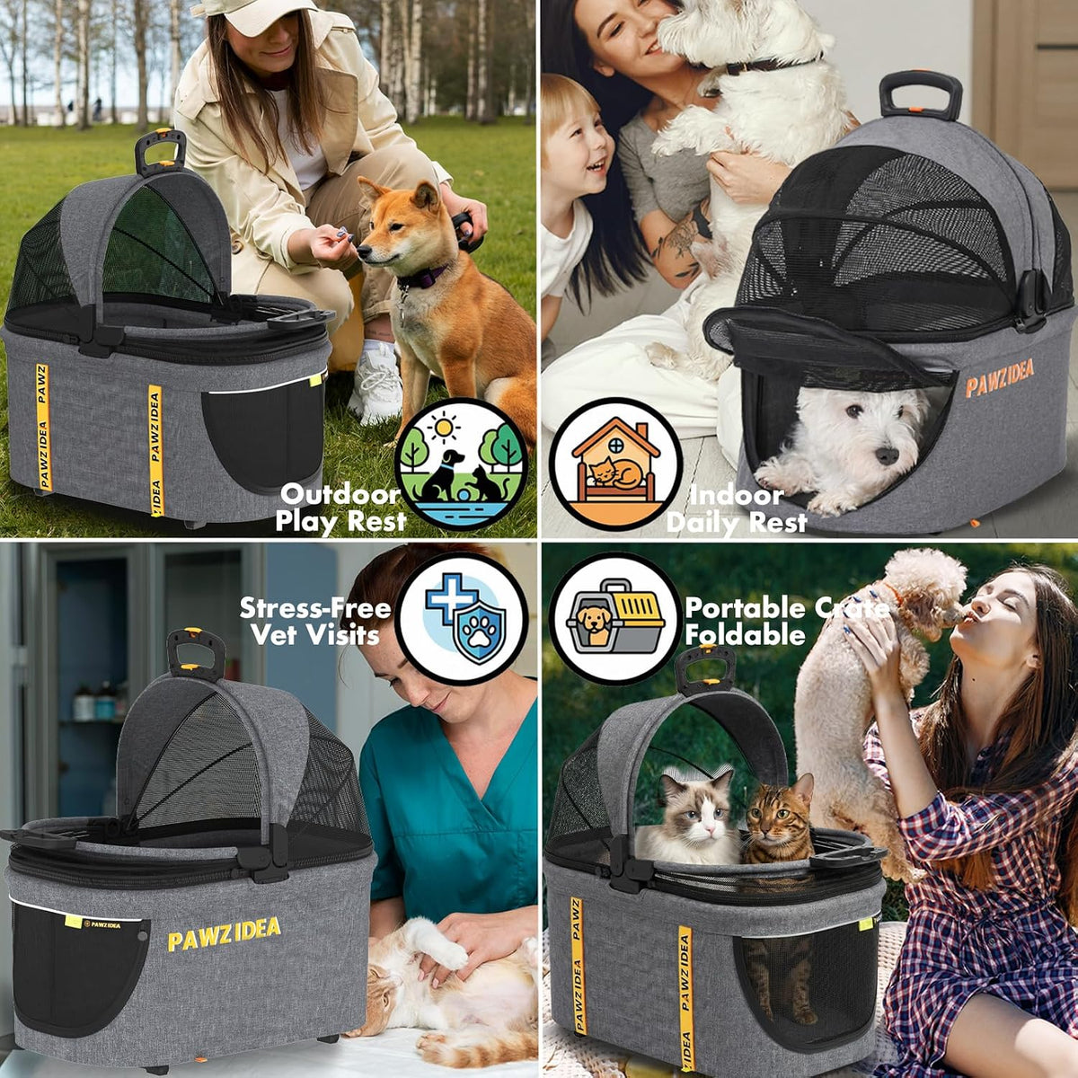 Pet Stroller 4-In-1, Foldable Dog Stroller with Detachable Carrier for Small Medium Dogs & Cats, Escape-Proof No-Zip Canopy, Lightweight Portable Travel Crate & Car Seat Combo, Storage Basket
