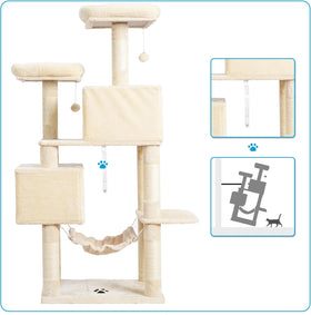 Large Multi-Level Cat Tree Condo Furniture with Sisal-Covered Scratching Posts, 2 Bigger Plush Condos, Perch Hammock for Kittens, Cats and Pets Beige MPJ020M