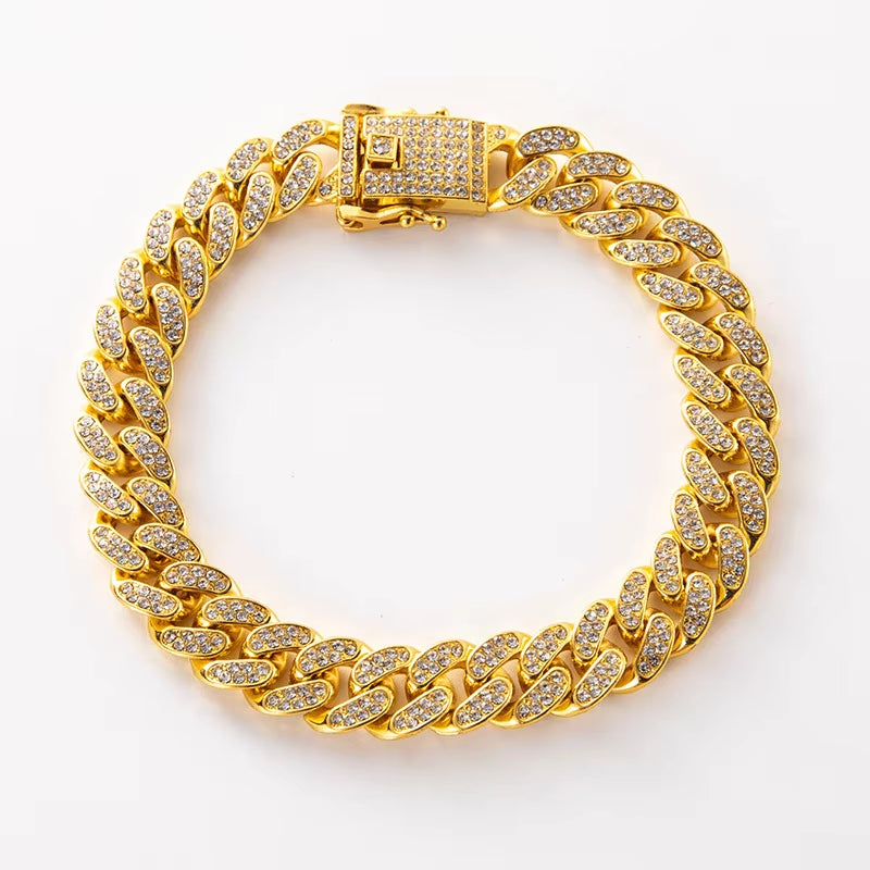 Luxury Hip Hop Dog Collar, Gold Tone Stainless Steel Cuban Chain, Durable Diamond Inlaid Pet Jewelry for Daily Walking