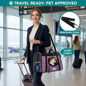 Soft Sided TSA Travel Carrier Bag with Sherpa Bed, Breathable Mesh Ventilation, Collapsible Bowl, up to 18 Lbs