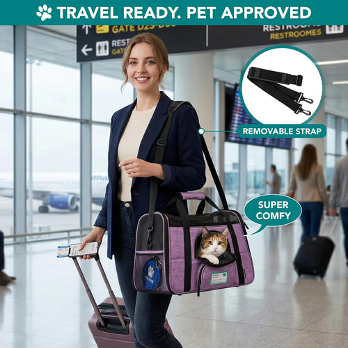 Soft Sided TSA Travel Carrier Bag with Sherpa Bed, Breathable Mesh Ventilation, Collapsible Bowl, up to 18 Lbs
