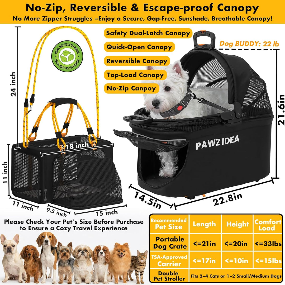 Double Pet Stroller with 2 Detachable Carrier, Lightweight Portable Travel Crate & Car Seat Combo & Tsa-Approved Expandable Carrier, Foldable Jogger Stroller for 2–4 Cats or Small/Medium Dogs