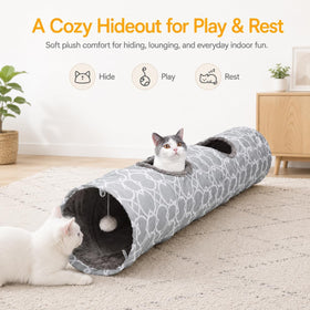 Geometric Straight Cat Tunnel with Plush Inside,Cats Toys Collapsible Tunnel Tube with Balls, for Rabbits, Kittens, Ferrets,Puppy, Diameter 9.8 Inch
