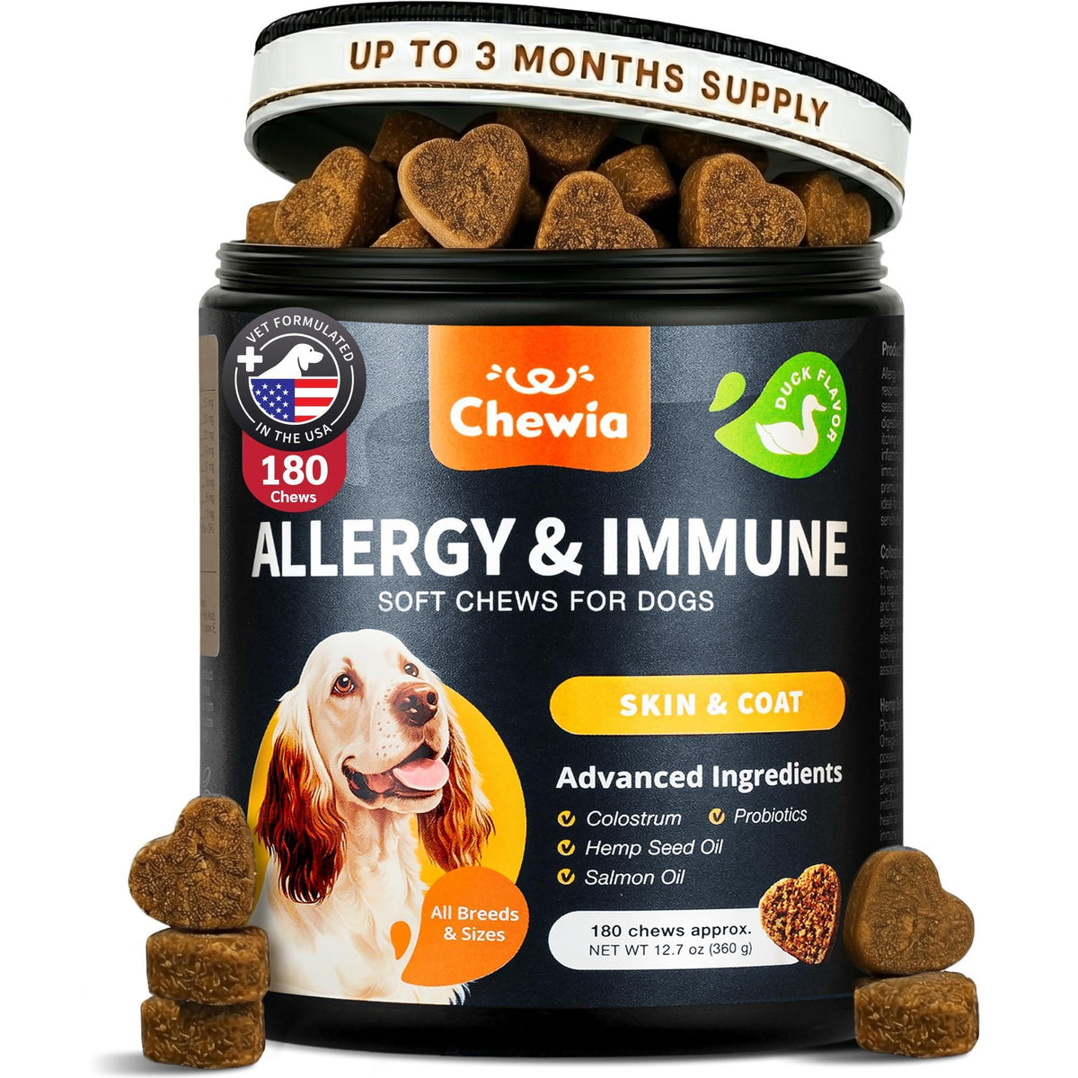 Dog Allergy Relief Chews with Probiotics, Colostrum, Salmon Oil