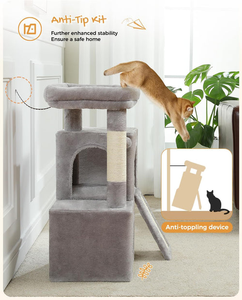 Cat Tree, 30 Inches Cat Tower with Dual Condos for Indoor Cats, Plush Cat House with Padded Perch, Scratching Ramp and Posts and Replaceable Balls-Gray