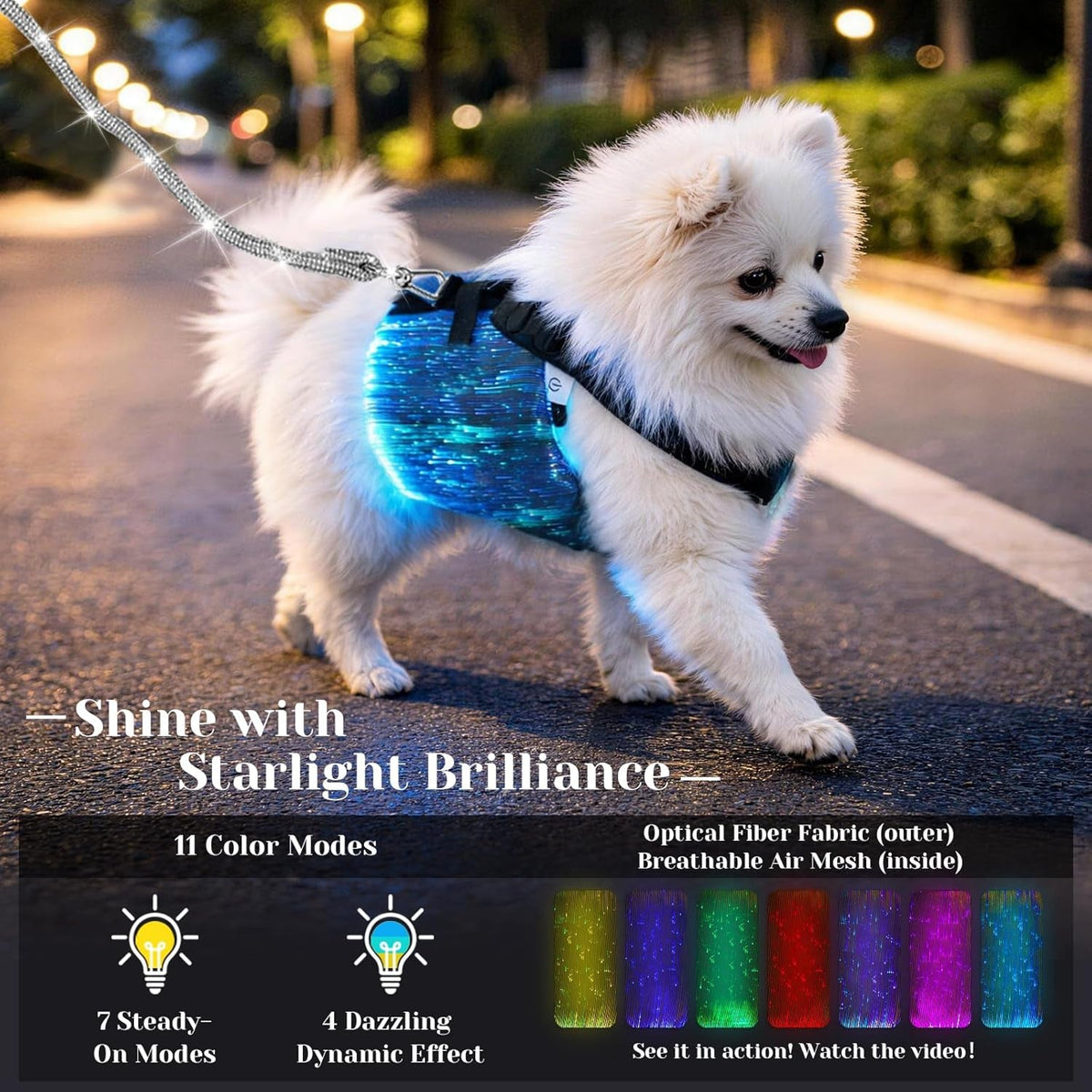 LED Dog Harness Light Up Fiber Optic Remote Control Small Dogs