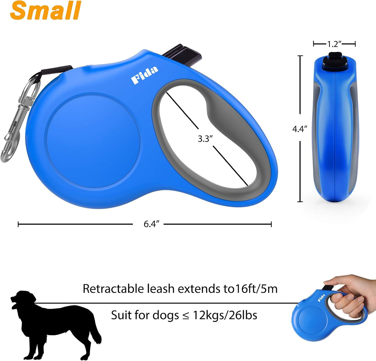 Retractable Dog Leash with Dispenser and Poop Bags, 16 Ft Pet Walking Leash for Small Dog or Cat up to 26 Lbs, Anti-Slip Handle, Tangle Free, Reflective Nylon Tape (S, Blue)